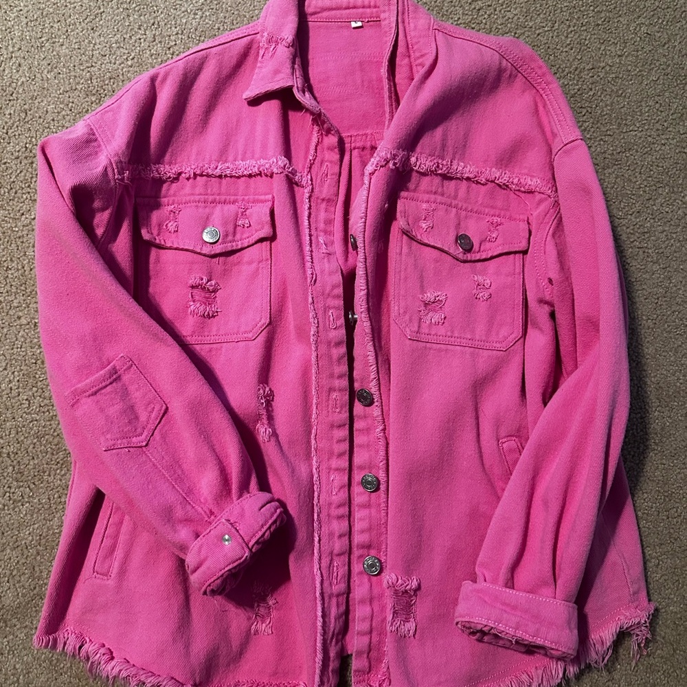 Oversized distressed hot pink jean jacket